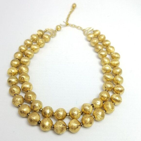 Vintage Two Strand Gold Tone Beaded Necklace with Adjustable Clasp, Estate - Picture 1 of 7